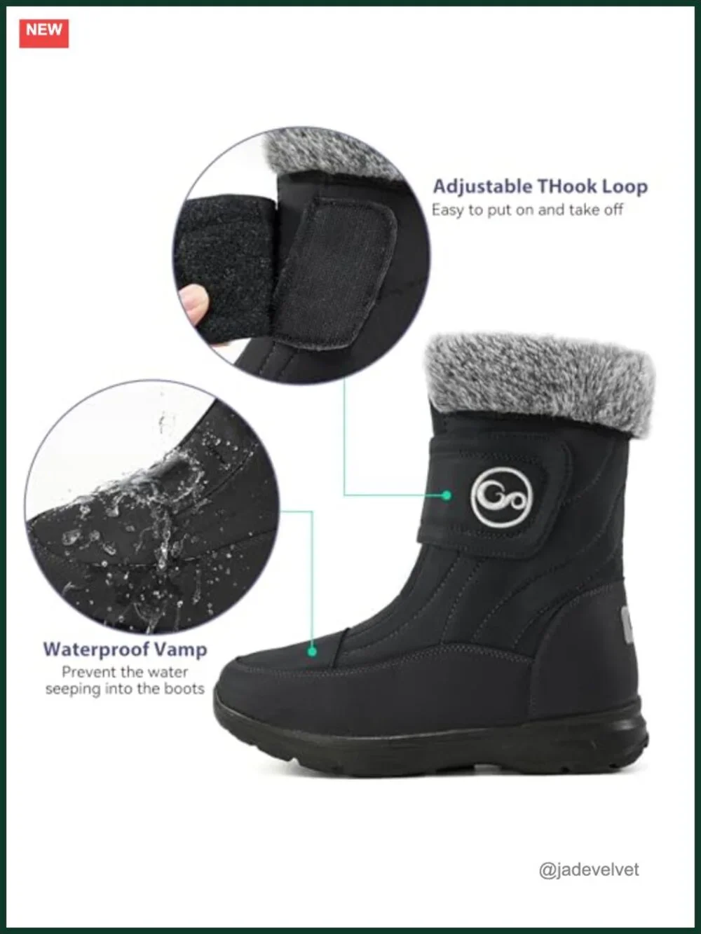 Womens Mid Calf Warm Faux Fur Lining Snow Boots Non Slip Waterproof Hook Loop